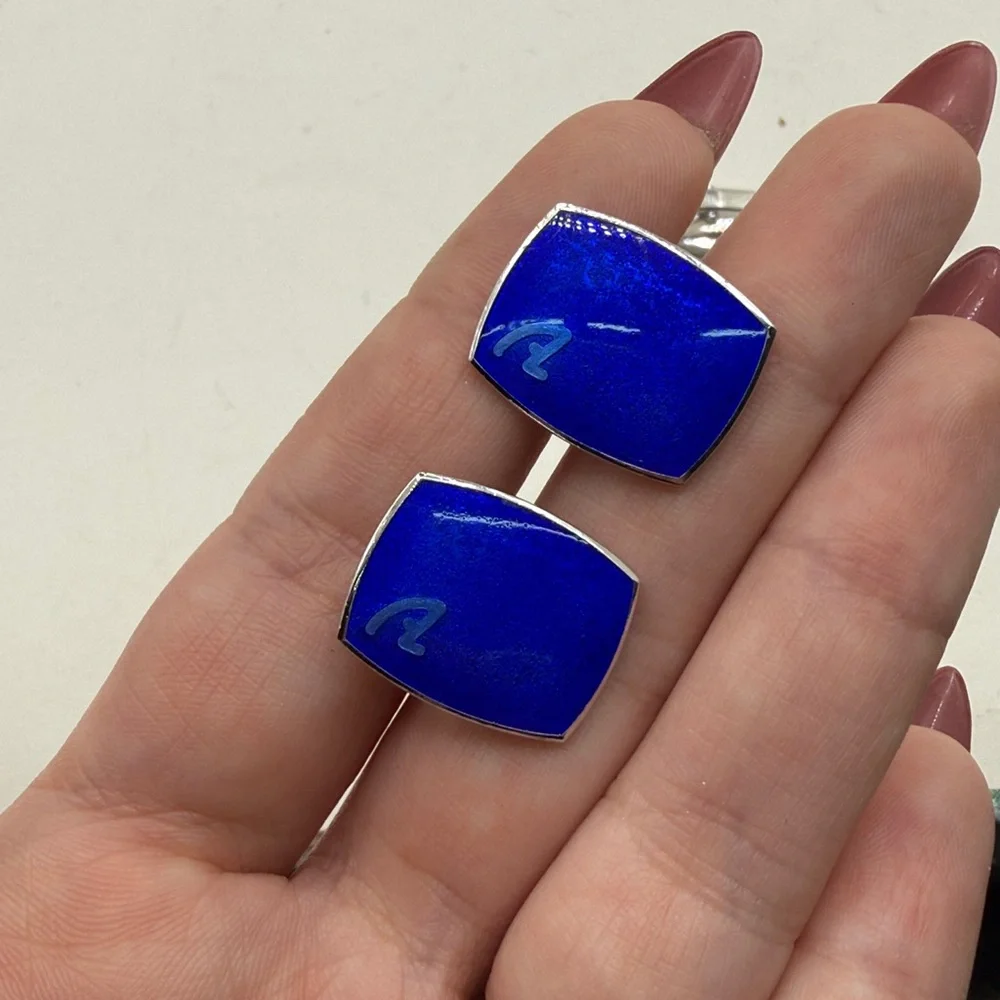 Vintage TV Asahi Cufflinks & Tie Clip Set Blue Enamel Silver Tone Japanese Media